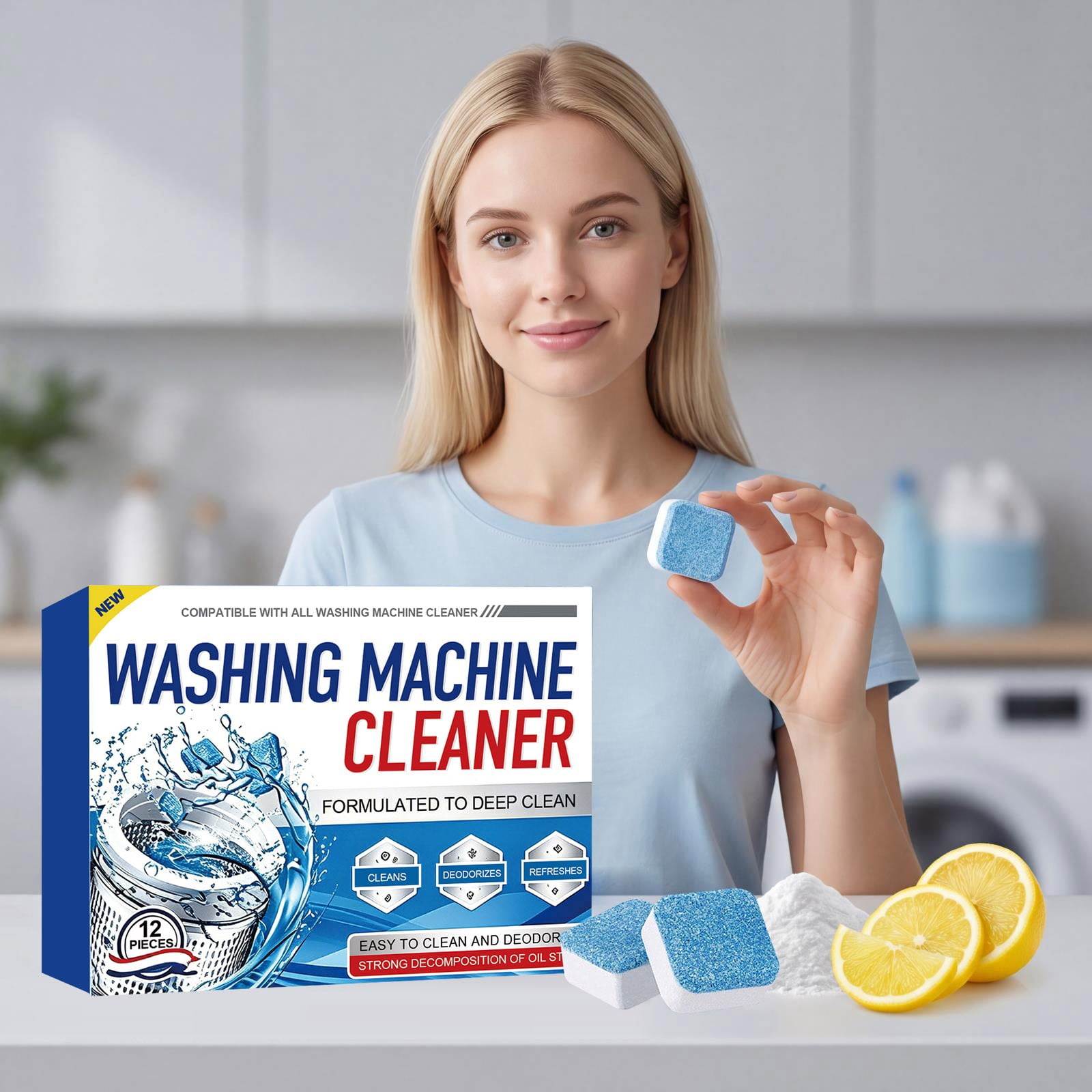 Lisbinx Washing Machine Cleaning Sheets Descaling Agent, Household Laundry Freshener, Limescale Removal, 12-Pack Cleaning Tablets per Box