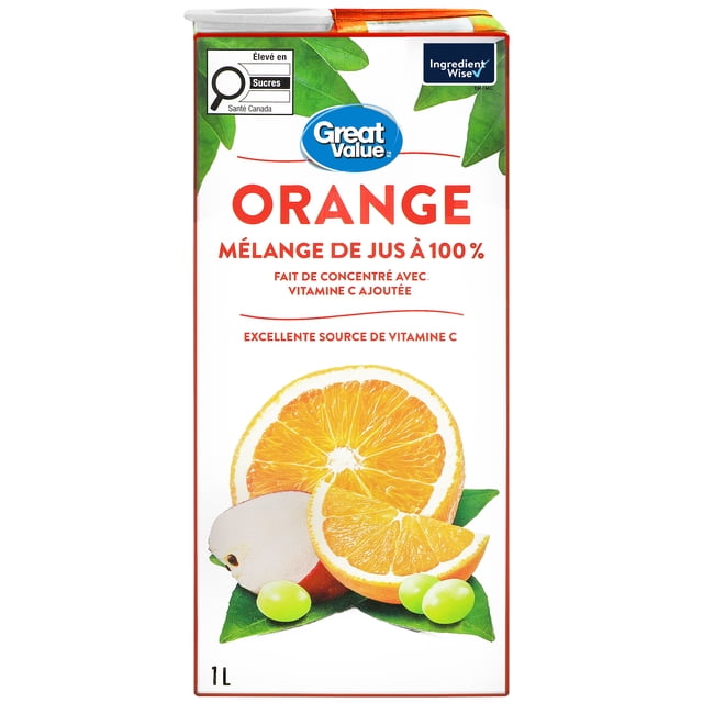 Great Value Mélange de Jus d'Orange 100 % en carton avec Vue Frontale Montrant le logo de la Marque et le Nom du Produit en Texte Rouge, Présentant des images de Tranches d'Orange, de Pomme et de Raisins Verts sur Fond Blanc avec des Feuilles Vertes, Emballage recyclable de 1 litre, une Excellente source de Vitamine C, Convient au Déjeuner Ou aux smoothies.