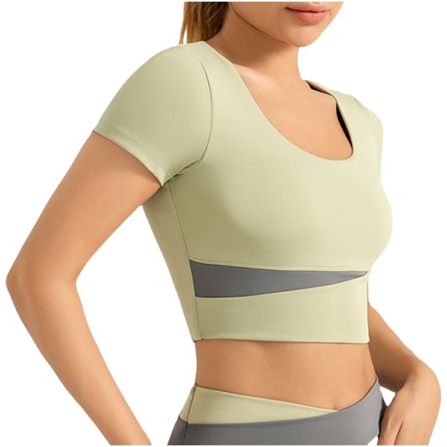 Timegard Hauts de Yoga pour Femmes Col Rond Manches Courtes Ajusté Confortable Court Extensible Entraînement Gym Tee Chandails