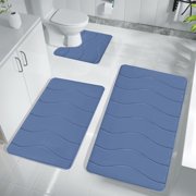 Bathroom Rugs Mat 3 Piece Set, Xinsrenus Extra Soft Water Absorbent Velvet Fleece Foam Bath Mats, Non-Slip Rubber Backing Machine Washable Quick Dry Toilet Mats for Bathroom Floor Tub Shower, Blue