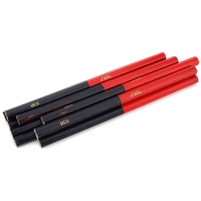 Hex Pencils, 2-head carpenter pencils designed for woodworking and DIY projects. Made of durable pine wood with a hexagonal shape for a comfortable grip. Each pencil measures approximately 17.5 cm (6.9 in) in length and 1 cm (0.4 in) in diameter. Features a thickened core for clear, break-resistant marking on wood, tile, metal, glass, leather, and plastic. The package includes 10 red and black double-headed pencils, ideal for marking and drawing lines.