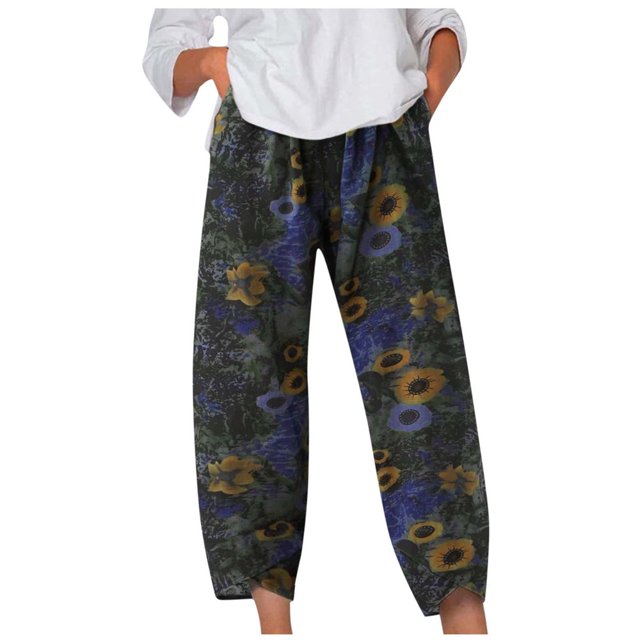 Pantalon Pleine Longueur Pantalon Élégant pour Femmes Pantalon pour Dames Mode Décontractée Lin Imprimé Rayé Pantalon Court Pantalon à Empiècements Jambe Droite Pantalon Crayon Pantalon de Yoga pour Femme