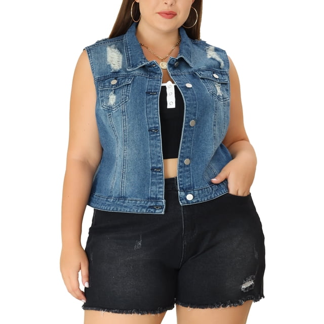 Agnes Orinda Women's Plus Size Casual Button Sleeveless Denim Vest Jacket 4X Blue Ripped