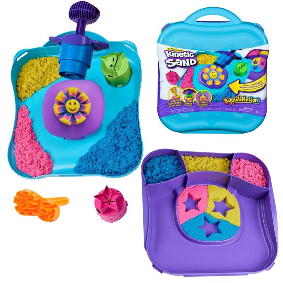 Kinetic Sand, SquishMotion Playset with 1lb Pink, Yellow, Blue Play Sand, Stamper & 5 Tools, Reusable Storage Case, Sensory Toys for Kids Ages 5+