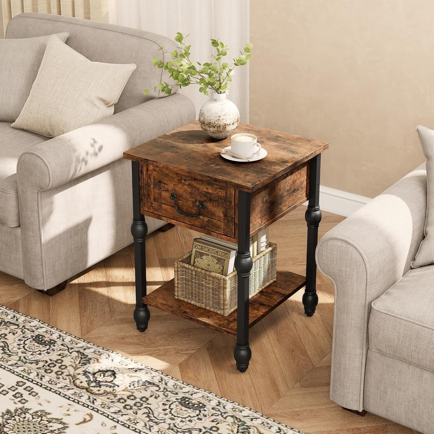 IdeaHouse End Table, Industrial Side Table with Storage, 2 Tiers Nightstand with Drawer, Featured Bedside for Bedroom, Living Room and Small Space, Rustic Brown