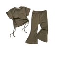 thumbnail image 1 of Zwiiyzr 2025 Toddler Girl Summer Outfits Solid Colour Drawstring Short Sleeve Flared Pants Two Set Cute Pants Size 2-8 Years Green, 1 of 4