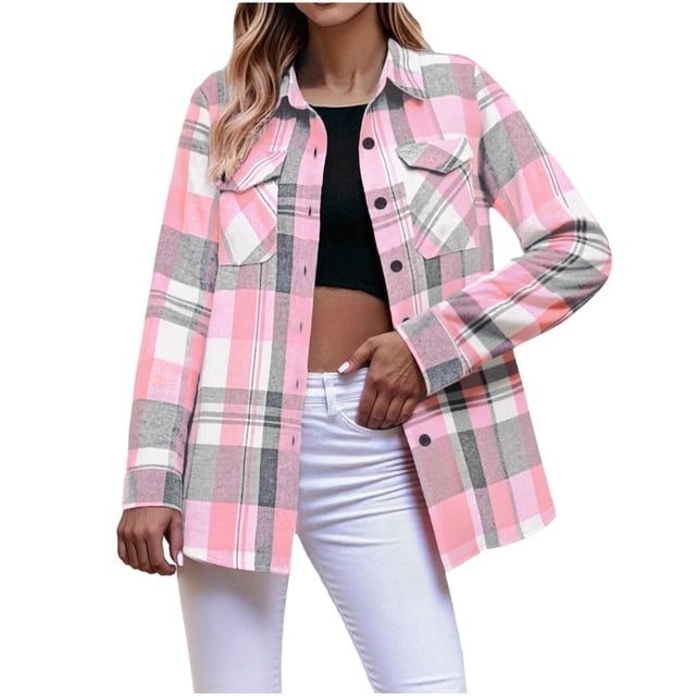 Jean Jacket Women - Plaid Button with Pocket Basic Top Jacket - Leisure/Home