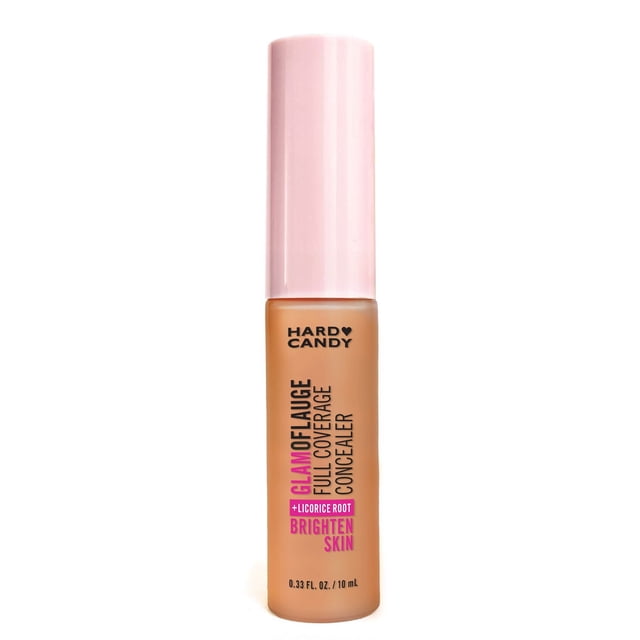 Hard Candy Glamoflauge Pro Concealer in Warm Caramel, 0.33 fl oz, displayed in a clear cylindrical bottle with a pale pink cap, featuring creamy full coverage and brightening licorice root formula, ideal for contouring and highlighting skin.