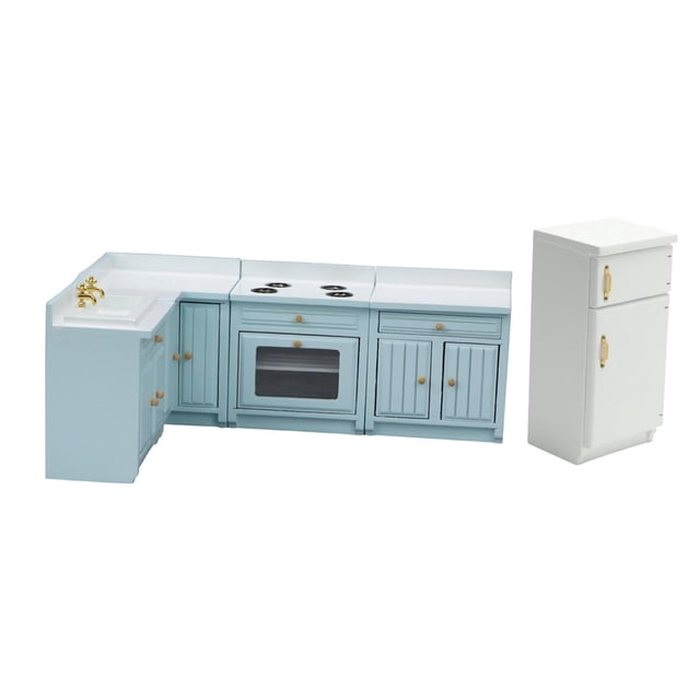 MERIGLARE 1/12 Dollhouse Mini Furniture Kitchen Set Cooking Table Cabinet Model for 3+ Blue