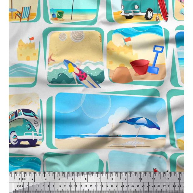 Soimoi Georgette Viscose Fabric Chair,Girl & Beach Surfboard Patchwork Decor Fabric Printed Yard 42 Inch Wide