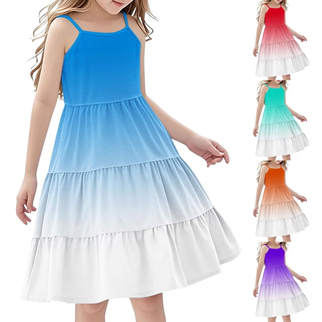 Tranfacy Robes d'Été pour Ados, Robe d'Été pour Filles, Robe d'Été Boho pour Fille 4-14 Ans à Dégradé de Couleurs, Décontractée, Sans Manches, à Étages, Style Nuisette