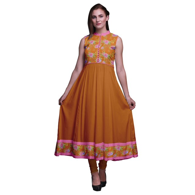 Bimba Robe Anarkali Orange à Fleurs, Col Mandarin, Sans Manches, Kurtis pour Femmes, Robe Maxi à Imprimé, XX-Grand