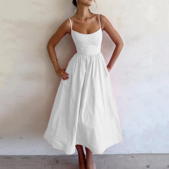 RBCKVXZ Corset Dress for Women Spaghetti Strap Bustier Midi Dresses Solid Flowy Pleated Hem Low Cut Party Dress White S