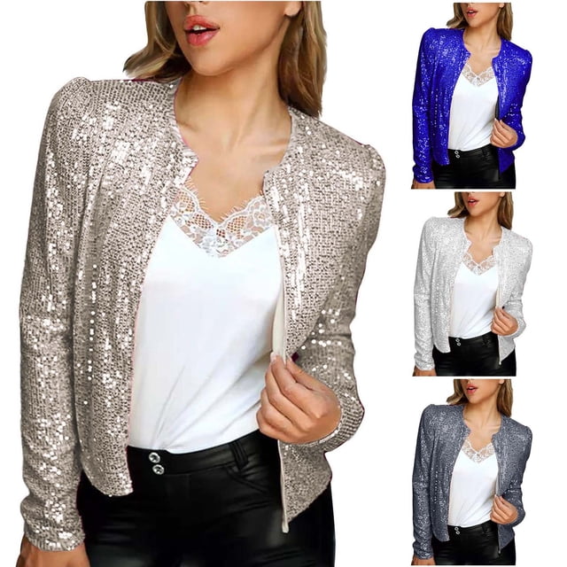 QIPOPIQ Veste à Paillettes pour Femmes avec Poches, Décontractée, Manches Longues, Fermeture Éclair avant, Blouson Bomber de Fête Blazer en beige, Bleu, Argent et Gris. un Blouson Bomber à Paillettes Brillant avec Manches Longues Bouffantes, Coupe Courte et Deux Poches Latérales. Idéal pour les Tenues Décontractées, les Fêtes et les occasions Spéciales.