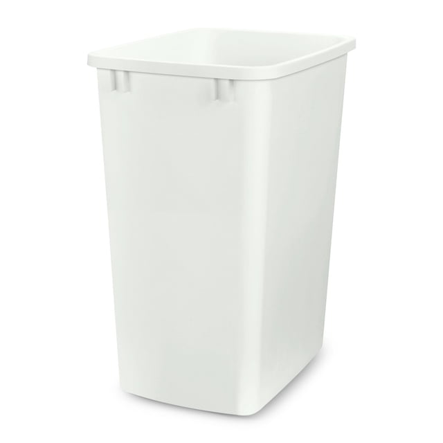 Rev-A-Shelf RV-35-52 35 Qt Replacement Trash Bin for Pull Out Waste Systems, shown in a clean white finish. This rectangular trash bin is made of durable injection-molded polymer plastic and features an open-top design for easy waste disposal. Designed to fit Rev-A-Shelf pullout waste container systems, it measures 14.21 inches wide, 10.46 inches deep, and 17.85 inches high. Ideal for kitchens, bathrooms, offices, or dorm rooms, this lightweight 3 lb. bin is compatible with standard 35 qt. trash bags. Lids and frames are sold separately.