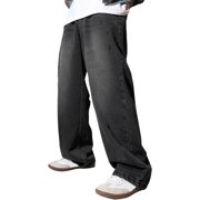 Men's Jeans Men's Casual Vintage Old Washed Denim Pants Semi Elastic Jeans Texture Embroidery Pants Jeans Homme Black XL