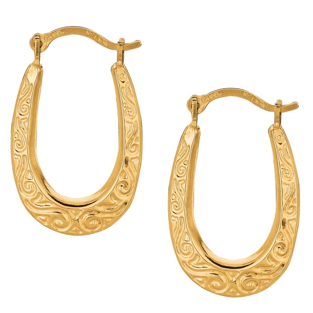 10k Yellow Gold Shiny Swirl Design Oval Hoop Earrings, Diameter 20mm