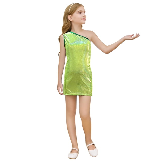 HXWCHs Robe Princesse à Paillettes Filles Robe Scintillante à Imprimé à Paillettes Ourlet Asymétrique Col Rond Sans Manches Tenue de Fête Élégante Décontractée Vert 11-12ans