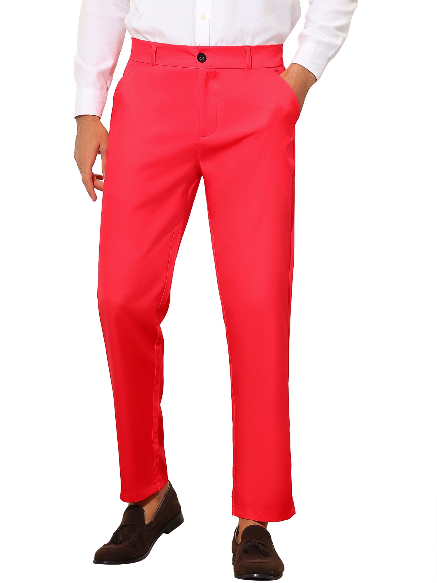 INSPIRE CHIC Men's Slim Fit Trousers Flat Front Solid Color Business Pants 30 Red