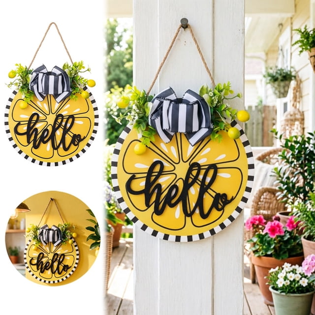 Tong Hello Summer Front Door Wooden Yellow Seasonal Welcome Sign