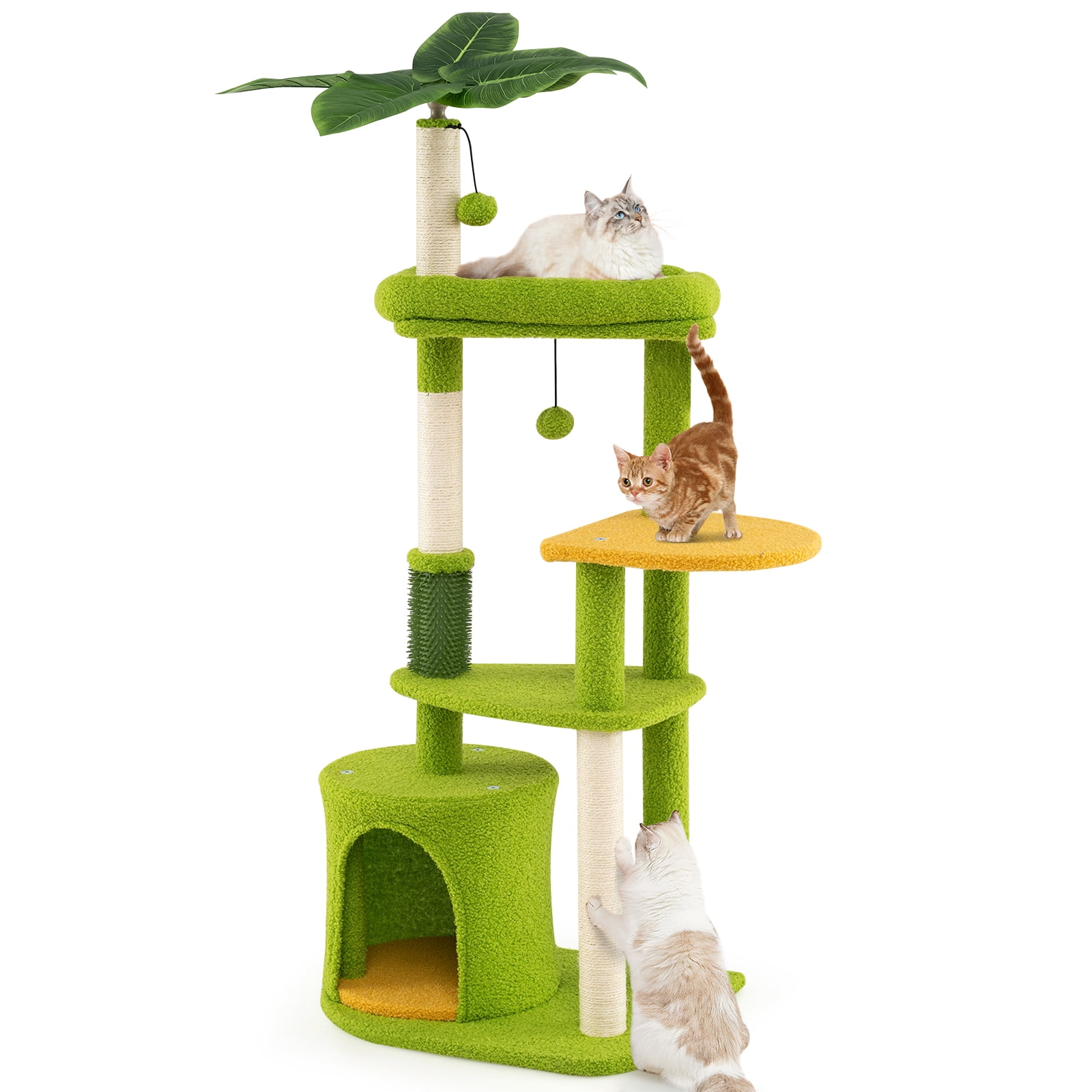 Gymax Cute Cat Tree for Adult Cats w/Artificial Leaves Condo Padded Perch Pompoms