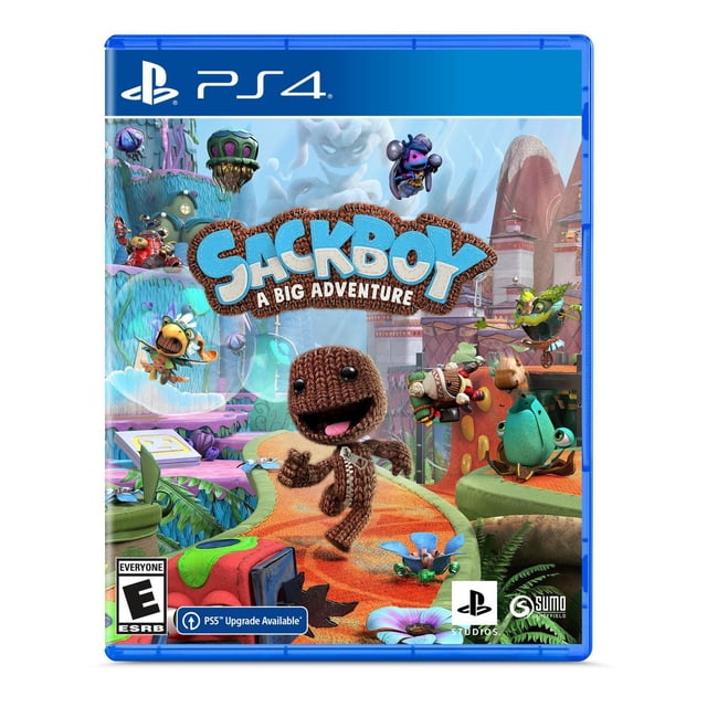 Sackboy: une Grande Aventure (PS4) Couverture de Jeu Mettant en Vedette le Personnage Tricoté Sackboy Courant sur un Sentier de Plateforme 3D Coloré et Artisanal avec des Créatures Fantaisistes et des Paysages Fantastiques, Incluant l'Apparence PlayStation 4 et l'Option de Mise à Niveau PS5.