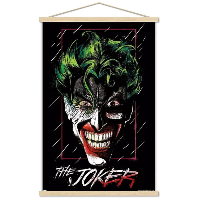 DC Comics - The Joker - Affiche Murale Gros Plan, 14,725 Pouces x 22,375 Pouces Mettant en Vedette une illustration Gros Plan du Visage du Joker avec Cheveux Verts, Peau Blanche, Lèvres Rouges et un Grand Sourire Sinistre sur Papier Affiche Lustré, Encadrée d'Un Contour Rectangulaire Rouge et de Traces de Pluie Stylisées sur Fond Noir, Idéale pour l'Art Mural et la Déco de Pièce.