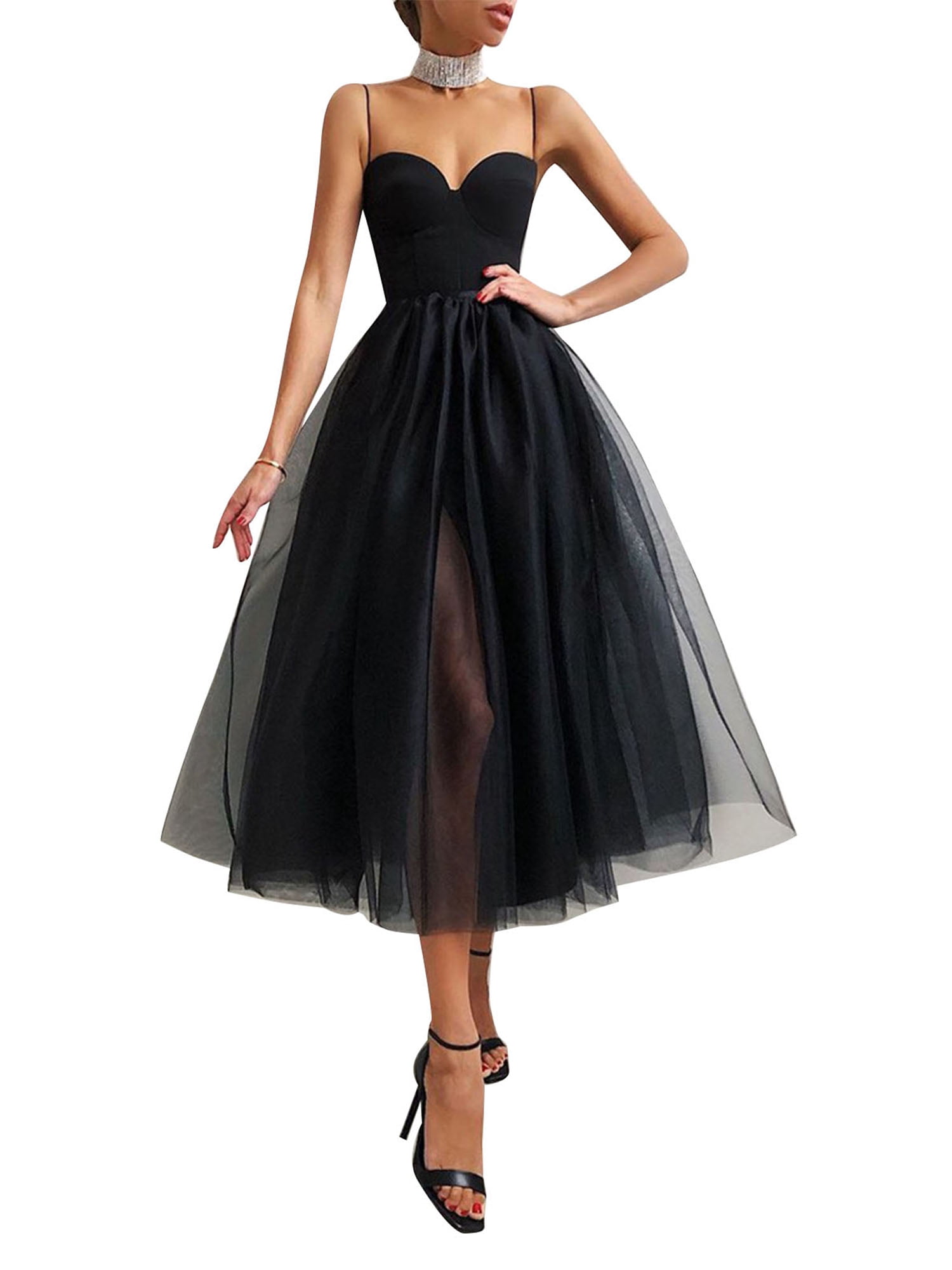 Kmbangi Robes d'Invitée de Mariage pour Femmes Été Bretelles Spaghetti Encolure Cœur Fente Latérale Bretelles en Maille Robe de Cocktail