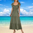 thumbnail image 2 of Penkiiy Robe Maxi d'Été Décontractée pour Femme à Manches Courtes, Col en V, Taille Smockée Élastique, à Volants, Ligne A, avec Poches, m Vert Armée, 2 of 6
