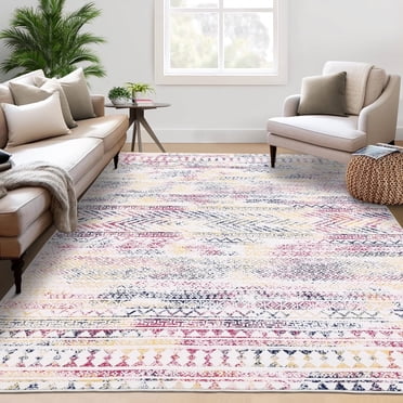 YUSAZENS 8x10 Large Geometric Bohemian Area Rug Machine Washable Farmhouse Accent Throw Carpet Non-Slip for Living Room Bedroom Hallway Colorful
