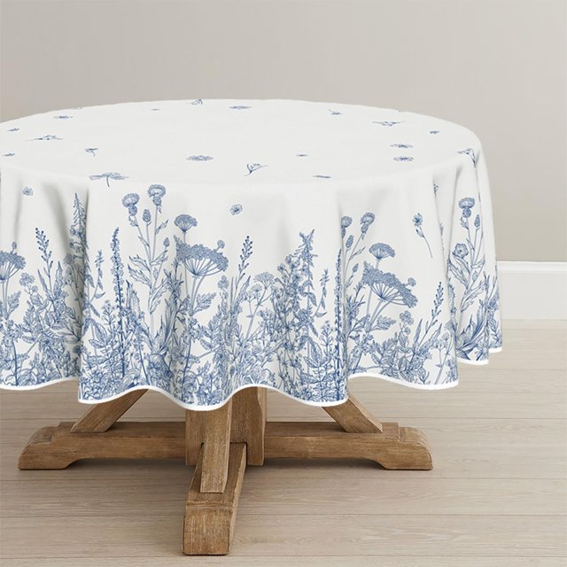 Spring Summer Tablecloth 60×60 Inch Round, Wild Flowers Floral Blue Washable Seasonal Table Cover for Party Picnic Dinner Decor