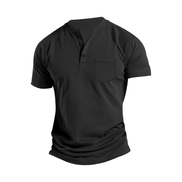 FAIWAD Men's Short Sleeve Shirts Button Casual Slim Mock Neck Basic Tees Summer Solid Color Workout Tops in a black solid color. The shirt features a mock neck with a buttoned placket, short sleeves, and a single chest pocket. Made from lightweight and breathable polyester, it offers a slim fit suitable for casual outings, workouts, or summer wear. Pairs well with jeans, shorts, or jackets for versatile styling.