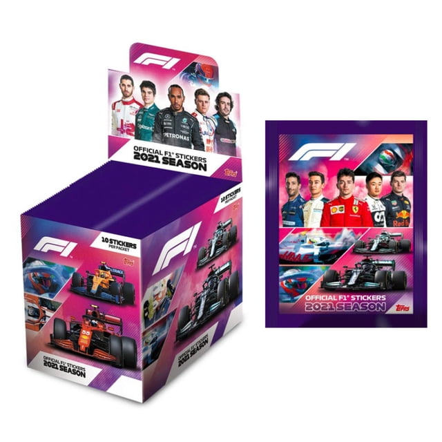 2021 Topps Formula 1 Stickers box and bonus pack with official F1 branding, featuring colorful designs of race cars and driver profiles from the 2021 season. Includes 50 packs per box, each containing 10 collectible stickers, for a total of 510 stickers. Ideal for sports trading card enthusiasts and F1 fans.