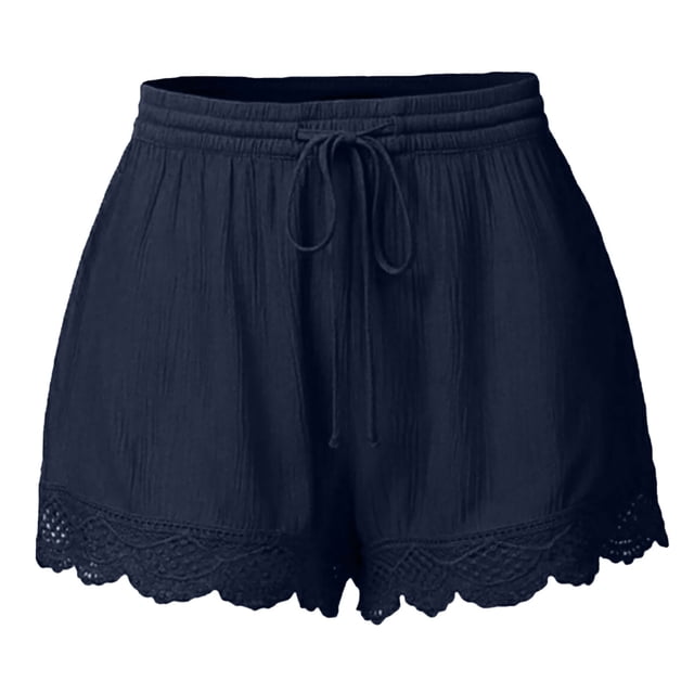 Timegard Shorts for Women 2pc Plus Size Elastic Waist Lace Solid Color Casual Loose Lightweight Shorts. These navy blue shorts feature a soft, lightweight fabric blend of 95% polyester and 5% spandex, offering a breathable and comfortable fit. Designed with an elastic waistband and a drawstring for adjustable comfort, the shorts have a loose fit and delicate lace trim at the hem for added style. Suitable for casual outings, lounging, or summer activities.