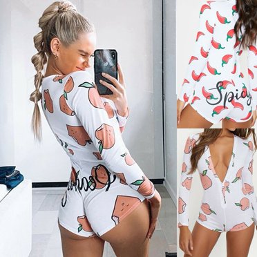 Womens Button Bodysuit Peach Chili Printed Stretch Leotard Sleepwear Tops Romper