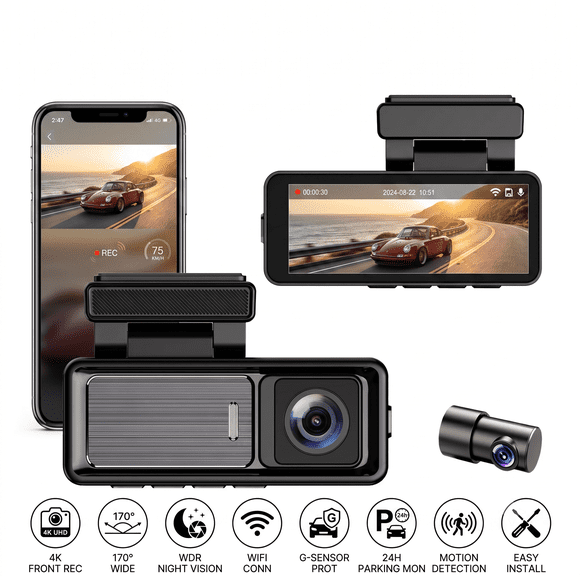 Brother Eye Road Guardian 3 Mini 4K Dash Cam with 1080P Rear Camera, Built-in WiFi & GPS, 170° Wide-Angle Lens, WDR Night Vision, G-Sensor, 24-Hour Parking Monitor
