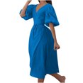 thumbnail image 1 of Robes d'Été pour Femmes 2023 Col en V Portefeuille Manches Bouffantes Boho Robe Midi Taille à Nouer Fendue Décontractée Unie Plage Soleil Robes, 1 of 6