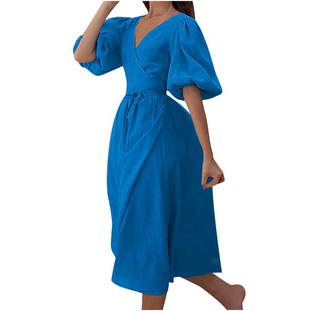 Robes d'Été pour Femmes 2023 Col en V Portefeuille Manches Bouffantes Boho Robe Midi Taille à Nouer Fendue Décontractée Unie Plage Soleil Robes