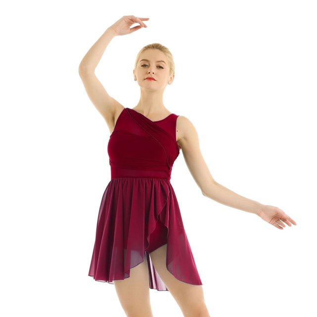 LiiYii Robe de Ballet Sans Manches en Maille Fluide pour Femmes Costume de Danse Lyrique pour Performance sur Scène Rouge Vin TTG