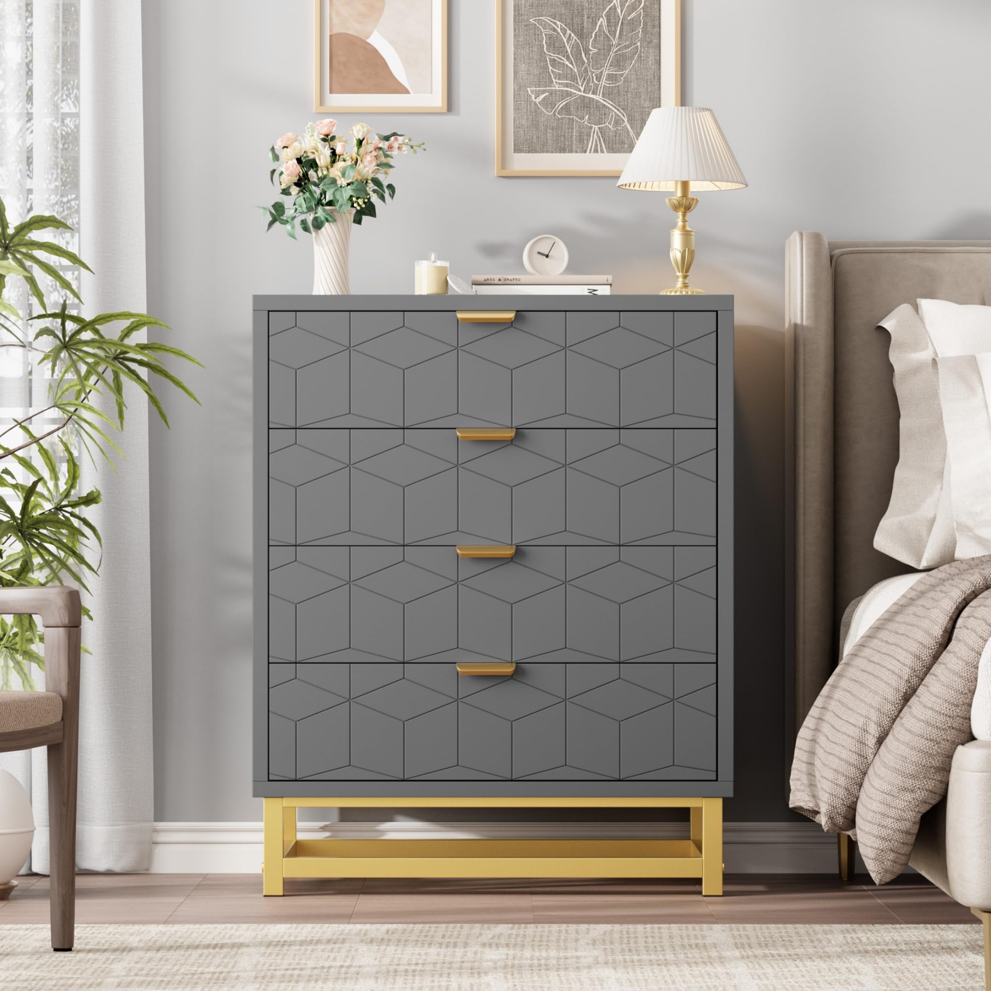 Dresser for Bedroom, 4 Drawer Dresser with Metal Legs, Wood Dressers Chest Organizer with Wide Storage, Modern Chest of Drawers for Living Room