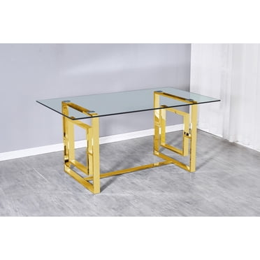 Table de salle à manger K-Living Livya en verre trempé avec piètement en acier inoxydable doré