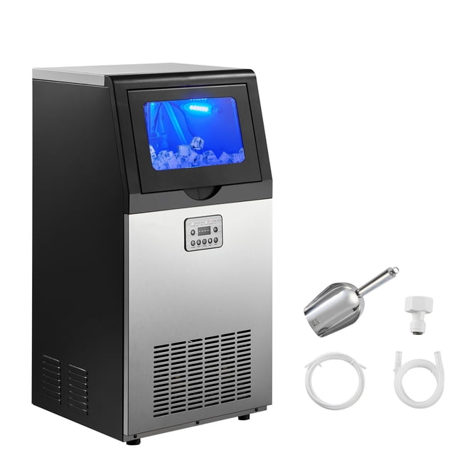 KFFKFF Commercial Ice Maker Machine, 100 lbs/24h with 30 lbs Storage Capacity, Built-in/Freestanding/Under Counter, Stainless Steel Ice Maker with LED Display & Self-Cleaning