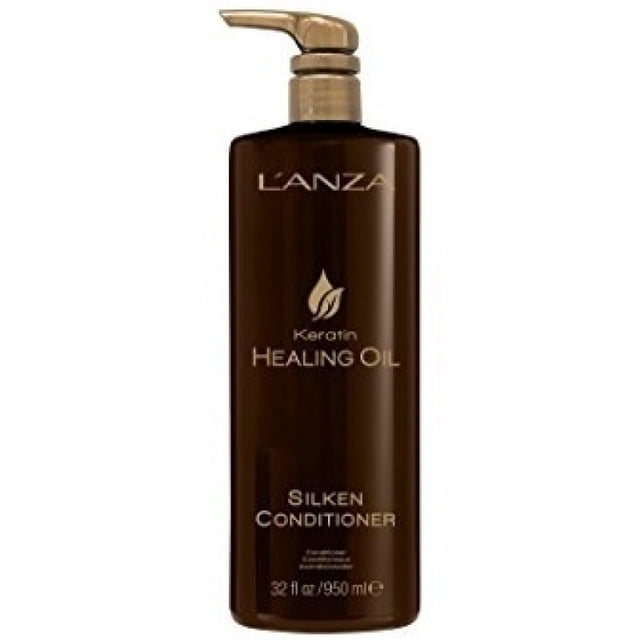 L'ANZA Keratin Healing Oil Conditioner, 33.8 oz, in a dark brown bottle with gold accents and a pump dispenser. Features a restorative formula with botanical oils and keratin protein to moisturize and nourish dry, stressed hair, enhancing shine and softness. Free of parabens, gluten, and sodium chloride, suitable for all hair types.