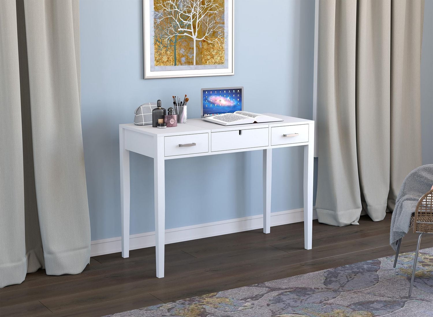 Safdie & Co. Vanité Maquilleuse Bureau Multifonctionnelle 40po Blanc avec 2 Tiroirs et 1 Miroir Pliable pour Salon, Dressing ou Chambre
