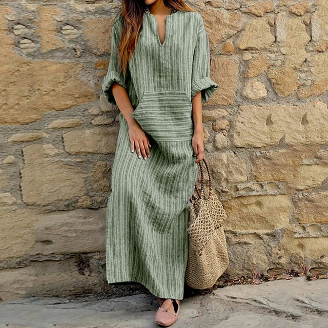 Robe d'Été pour Femmes Nouvelle Été Coton et Lin Fil Teints Robes Longues Lâches Coton Gris L