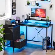 L Shaped Desk with Power Outlets & LED Lights, Computer Desk with Drawers & Shelves, Corner Desk Gaming Desk Home Office Desk