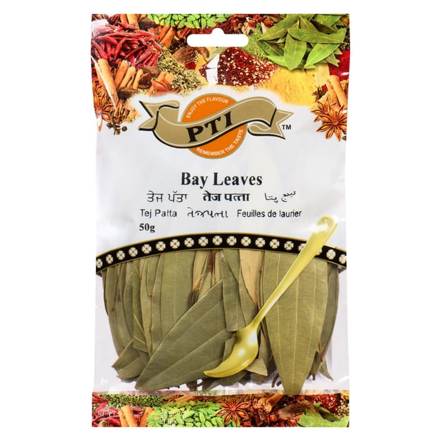 Bay Leaves by PTI, 50g pack of dried green bay leaves used as a single herb seasoning for sauces, soups, daubes, and stews, featuring multilingual text and a spice-themed decorative border.