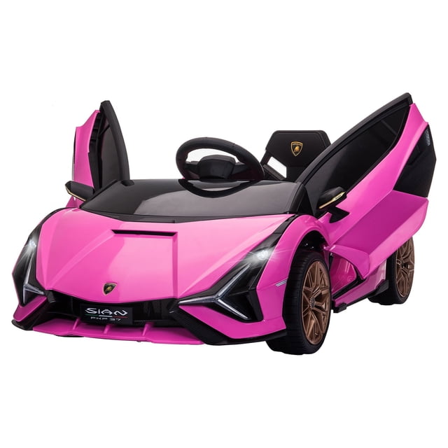 Aosom Compatible 12V Battery-powered Kids Electric Ride On Car Toy in pink with parental remote control, featuring a realistic car design, MP3 functionality, wide tires, seat belt, bright headlights, taillights, and opening doors with pneumatic rods.