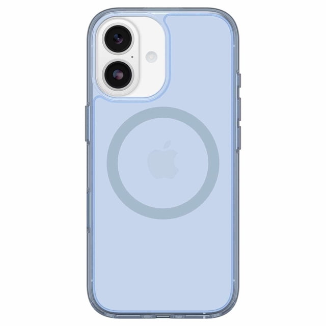 OtterBox Symmetry Clear MagSafe Case w/Camera Control Silver Glade (Blue) for iPhone 17 with a slim, clear blue design featuring built-in MagSafe magnets, raised camera edges for dual lenses, tactile side buttons, reinforced corners, and anchors for straps or charms.