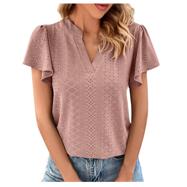 Birdeem Womens Spring and Summer Gold Lace Stitching V-Neck Solid Color Bottom T-Shirt Hollow Top